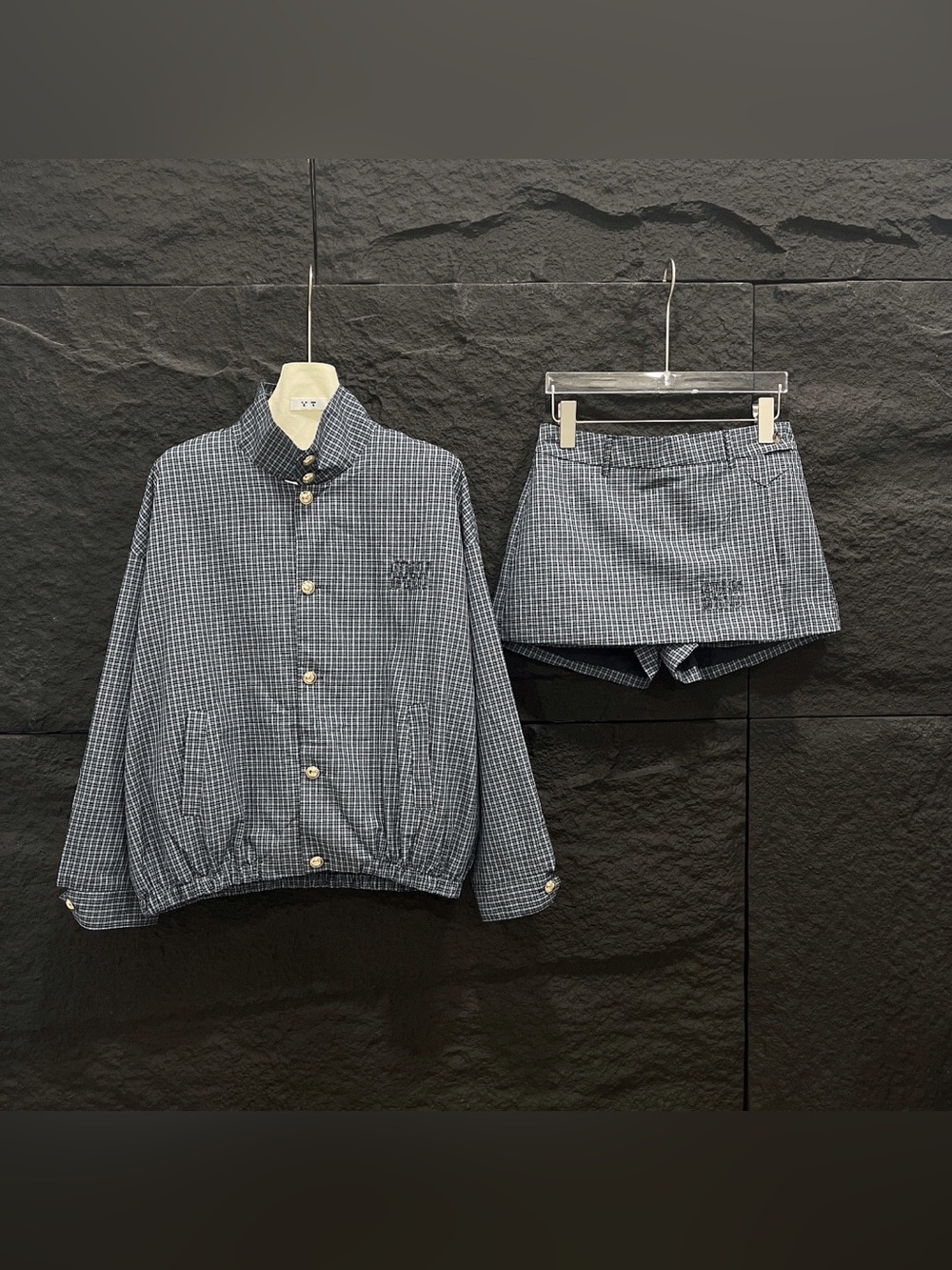 Checked Button-Front Bomber Jacket in Navy